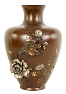 Lot 214 - A LARGE JAPANESE MEIJI PERIOD MIXED METAL PATINATED BRONZE VASE
