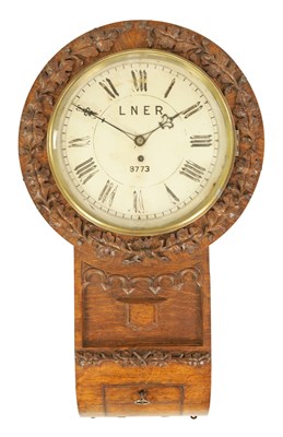 Lot 721 - A 19TH CENTURY OAK FUSEE RAILWAY DROP DIAL WALL CLOCK FOR LNER NUMBER 8773