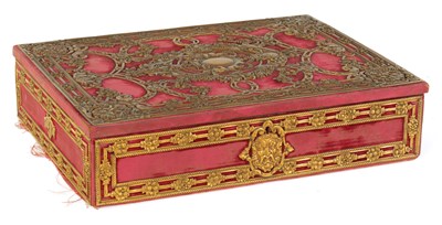 Lot 564 - AN AMERICAN ORMOLU-MOUNTED, RED VELVET AND CHROME HUMIDOR BY EDWARD F. CALDWELL & CO. NEW YORK