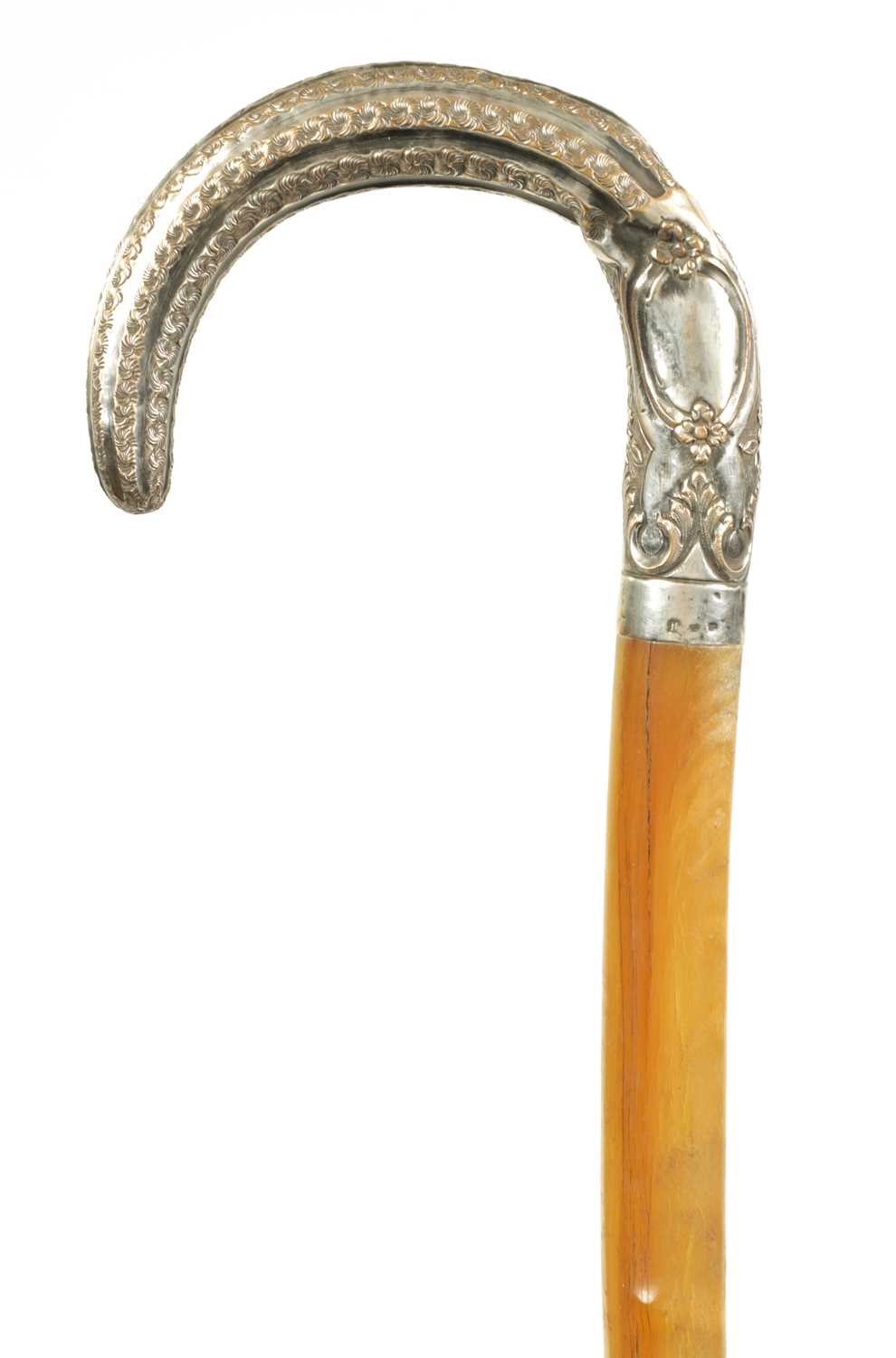 Lot 373 - A LATE 19TH CENTURY RHINOCEROS HORN SILVERED METAL MOUNTED WALKING STICK
