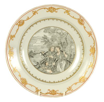 Lot 151 - A MID 18TH CENTURY CHINESE EXPORT PORCELAIN PLATE PAINTED EN GRISAILLE WITH EUROPEAN FIGURAL SCENE TO THE CENTRE