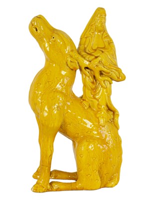 Lot 96 - A 19TH CENTURY CHINESE POTTERY YELLEW GLAZE MODEL OF GUANYIN MOUNTED ON A DEER