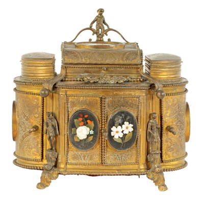 Lot 570 - A 19TH CENTURY FRENCH ENGRAVED GILT BRASS AND PIETRA DURA PANELLED DRESSING TABLE JEWELLERY CABINET