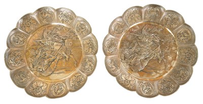 Lot 153 - A PAIR OF 19TH CENTURY SILVERED METAL CHINESE CIRCULAR HANGING PLAQUES