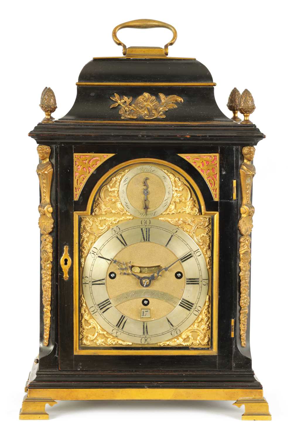 Lot 796 - STEPHEN RIMBAULT, LONDON.  A MID 18TH CENTURY THREE-TRAIN QUARTER STRIKING EBONISED VERGE BRACKET CLOCK