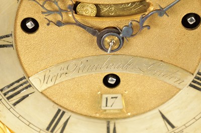 Lot 796 - STEPHEN RIMBAULT, LONDON.  A MID 18TH CENTURY THREE-TRAIN QUARTER STRIKING EBONISED VERGE BRACKET CLOCK
