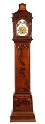 Lot 846 - JOHN SCOTT, LONDON.  A LATE GEORGE III MINIATURE FIGURED MAHOGANY THREE-TRAIN LONGCASE CLOCK