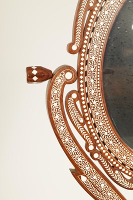Lot 155 - AN EARLY 20TH CENTURY ANGLO INDIAN HARDWOOD AND BONE MARQUETRY INLAID ADJUSTABLE DRESSING MIRROR ON STAND
