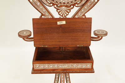 Lot 155 - AN EARLY 20TH CENTURY ANGLO INDIAN HARDWOOD AND BONE MARQUETRY INLAID ADJUSTABLE DRESSING MIRROR ON STAND