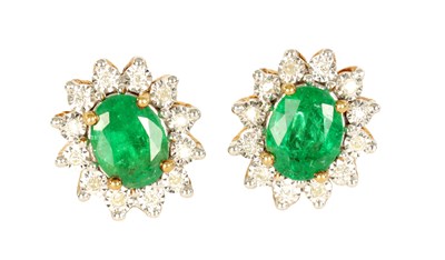 Lot 247 - A LARGE PAIR OF EMERALD AND DIAMOND EARRINGS