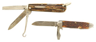Lot 626 - TWO STAG HORN MULTI-BLADE FOLDING KNIVES