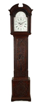 Lot 1110 - THOMAS ANDREWS, SHEFFIELD.  AN UNUSUAL LATE 18TH CENTURY OAK EIGHT-DAY LONGCASE CLOCK WITH BATTERSEA ENAMEL DIAL