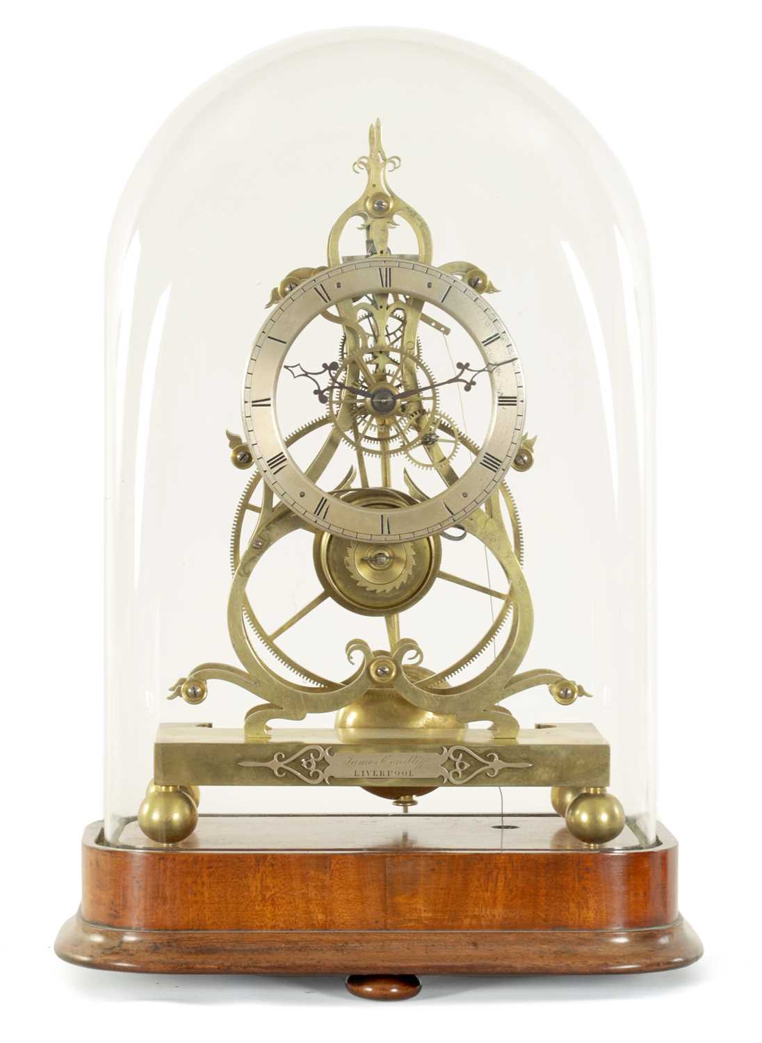 Lot 823 - JAMES CONDLIFF, LIVERPOOL.  A FINE MID 19TH CENTURY ENGLISH BRASS GREAT-WHEEL SKELETON CLOCK WITH PASSING STRIKE