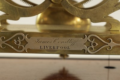 Lot 823 - JAMES CONDLIFF, LIVERPOOL.  A FINE MID 19TH CENTURY ENGLISH BRASS GREAT-WHEEL SKELETON CLOCK WITH PASSING STRIKE