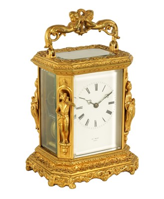 Lot 680 - HENRY MARC, PARIS.  A MID 19TH CENTURY GILT BRASS FIGURAL CARRIAGE CLOCK