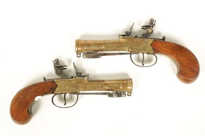 Lot 679 - A RARE PAIR OF EARLY 19TH CENTURY FLINTLOCK BOX-LOCK BLUNDERBUSS-PISTOLS WITH UNDER SPRING BAYONETS BY YOUNG