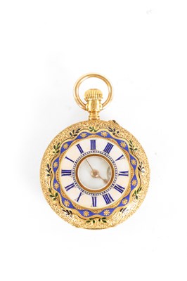 Lot 274 - COURVOISIER, NUMBERED 27779. A 19TH CENTURY FRENCH 18CT GOLD AND ENAMEL HALF HUNTER FOB WATCH