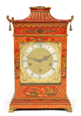 Lot 794 - A LATE 19TH CENTURY RED LACQUER AND CHINOISERIE DECORATED QUARTER CHIMING BRACKET CLOCK