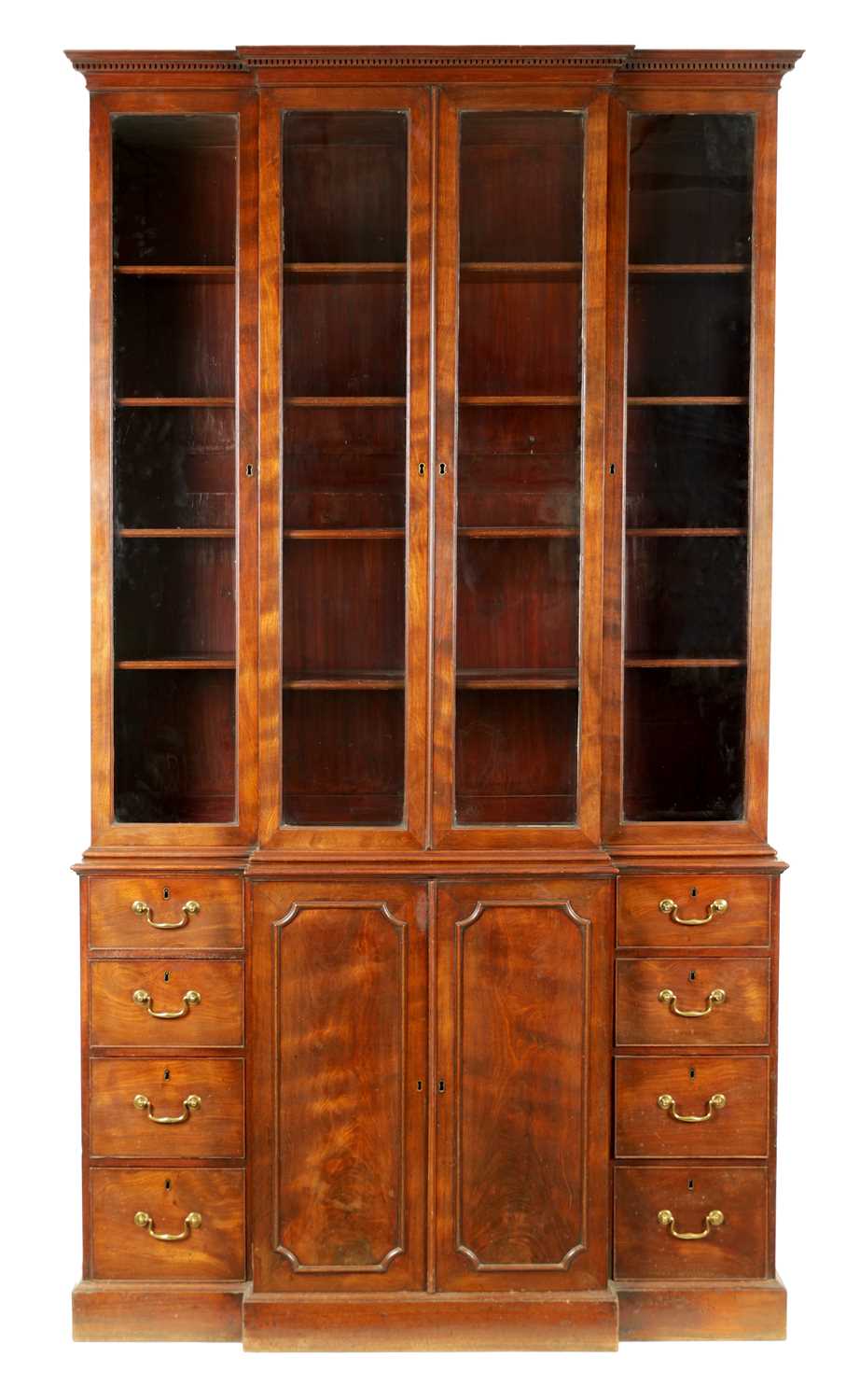 Lot 871 - A FINE GEORGE III FIGURED MAHOGANY BREAK-FRONT BOOKCASE OF SMALL SIZE AND PROPORTIONS