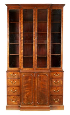 Lot 871 - A FINE GEORGE III FIGURED MAHOGANY BREAK-FRONT BOOKCASE OF SMALL SIZE AND PROPORTIONS