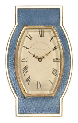 Lot 683 - AN UNUSUAL ART DECO SILVER GILT AND BLUE WHITE EDGED GUILLOCHE ENAMEL COMBINED DESK CLOCK/STAMP BOX