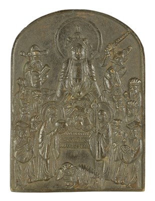 Lot 111 - A JAPANESE CAST BRONZE ARCHED-TOP PLAQUE