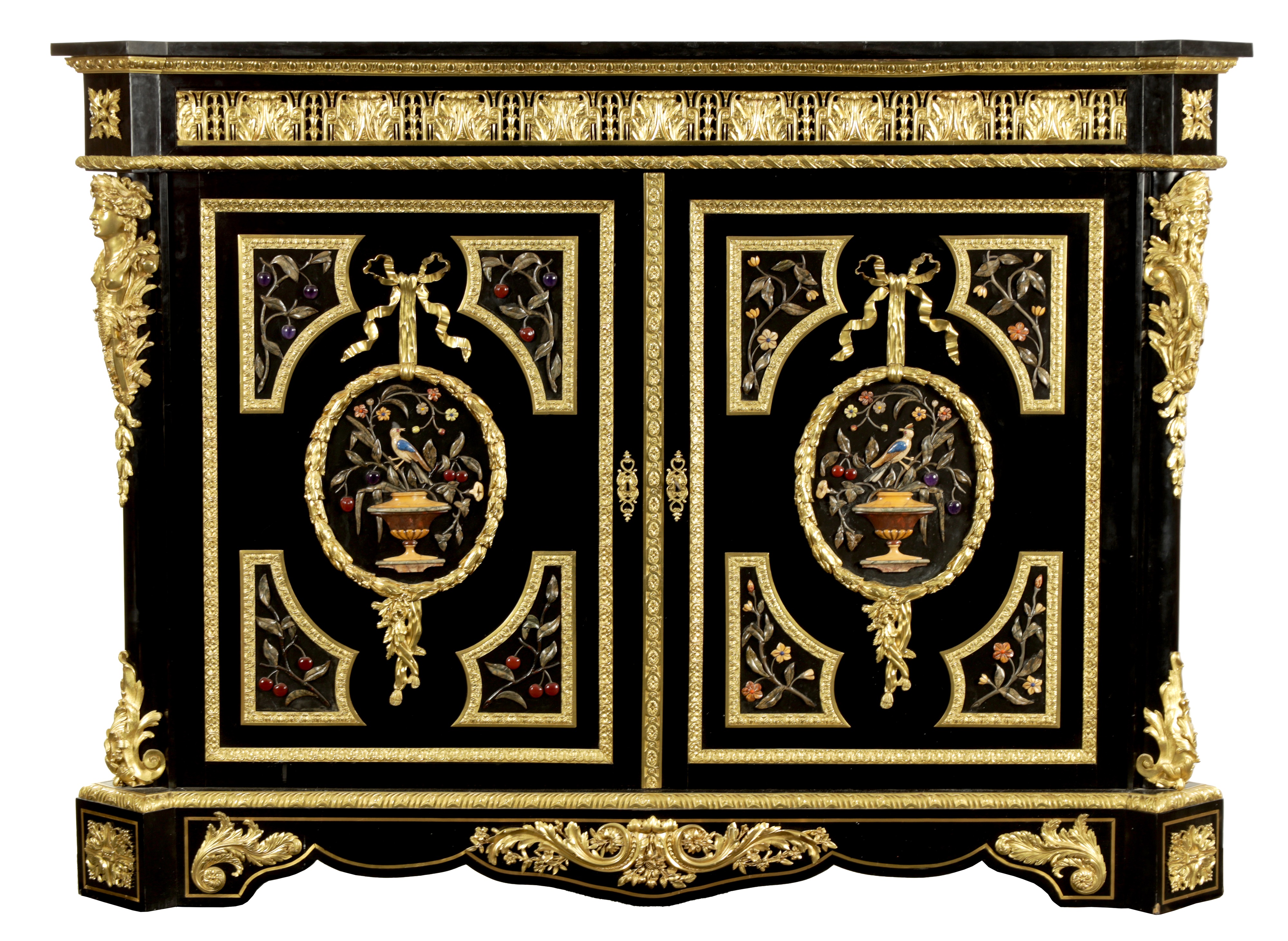 Mathieu Befort pietra dura and ormolu mounted ebonised side cabinet sold by Hutchinson Scott