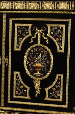 Lot 875 - MATHIEU BEFORT (BEFORT JEUNE) (1813 - 1880) A FINE 19TH CENTURY PIETRA DURA AND ORMOLU MOUNTED EBONISED SIDE CABINET OF LARGE SIZE