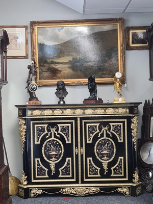 Lot 875 - MATHIEU BEFORT (BEFORT JEUNE) (1813 - 1880) A FINE 19TH CENTURY PIETRA DURA AND ORMOLU MOUNTED EBONISED SIDE CABINET OF LARGE SIZE