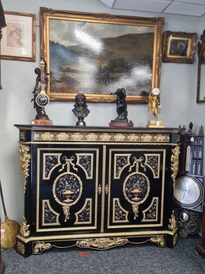 Lot 875 - MATHIEU BEFORT (BEFORT JEUNE) (1813 - 1880) A FINE 19TH CENTURY PIETRA DURA AND ORMOLU MOUNTED EBONISED SIDE CABINET OF LARGE SIZE