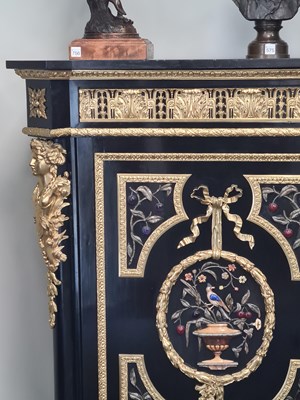 Lot 875 - MATHIEU BEFORT (BEFORT JEUNE) (1813 - 1880) A FINE 19TH CENTURY PIETRA DURA AND ORMOLU MOUNTED EBONISED SIDE CABINET OF LARGE SIZE