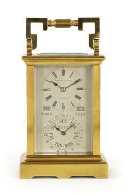 Lot 798 - W. BATTY, LONDON.  A VERY RARE LATE 19TH CENTURY FRENCH LACQUERED BRASS CARRIAGE CLOCK TIMEPIECE WITH ANNUAL CALENDAR