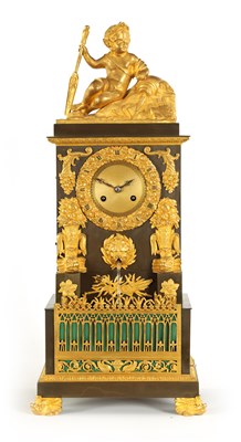 Lot 771 - AN EARLY 19TH CENTURY FRENCH EMPIRE MUSICAL AUTOMATON BRONZE AND ORMOLU MANTEL CLOCK