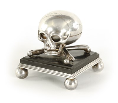Lot 684 - A LATE 18TH CENTURY PARISIAN SILVER AND EBONY DESK CLOCK MODELLED AS A SKULL AND CROSS BONES