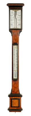 Lot 820 - J. HICKS, 8 HATTON GARDEN, LONDON.  A LATE 19TH CENTURY  BURR WALNUT AND EBONISED  STICK BAROMETER