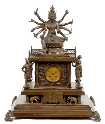 Lot 804 - A LARGE AND IMPRESSIVE LATE 19TH CENTURY FRENCH BRONZE TABLE CLOCK MODELLED AS A TIBETAN TEMPLE