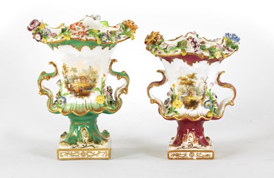 Lot 15 - A 19TH CENTURY FLORALLY ENCRUSTED LEAF-HANDLED PEDESTAL VASE