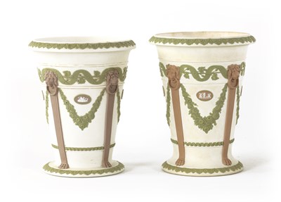 Lot 29 - AN UNUSUAL NEAR PAIR OF 19TH CENTURY WEDGWOOD JASPERWARE FLARED FOOTED VASES