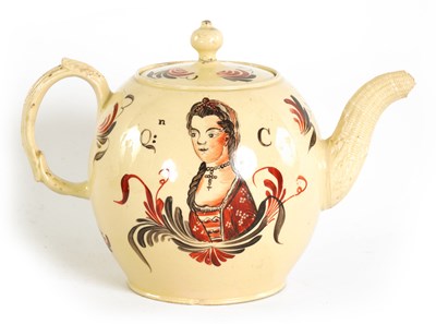Lot 52 - AN 18TH CENTURY STAFFORDSHIRE CREAMWARE  ROYAL COMMEMORATIVE GLOBULAR TEAPOT CIRCA 1770