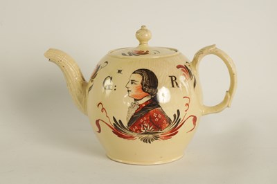 Lot 52 - AN 18TH CENTURY STAFFORDSHIRE CREAMWARE  ROYAL COMMEMORATIVE GLOBULAR TEAPOT CIRCA 1770