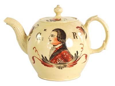 Lot 52 - AN 18TH CENTURY STAFFORDSHIRE CREAMWARE  ROYAL COMMEMORATIVE GLOBULAR TEAPOT CIRCA 1770