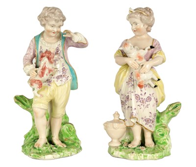 Lot 34 - A PAIR OF 18TH CENTURY DERBY SHEPHERD BOY AND SHEPHERDESS FIGURES