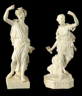 Lot 41 - AN 18TH CENTURY DERBY BISQUE PORCELAIN FIGURE OF A CLASSICAL MAIDEN AND ANOTHER SIMILAR