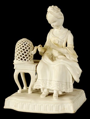 Lot 19 - AN 18TH/EARLY 19TH CENTURY BISQUE PORCELAIN SEATED LADY FIGURE AFTER MEISSEN