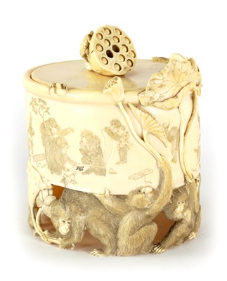 Lot 209 - A JAPANESE MEIJI PERIOD CARVED IVORY TUSK JAR AND COVER