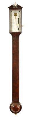 Lot 791 - GEORGE ADAMS, FLEET STREET, LONDON.  A GEORGE III FIGURED MAHOGANY STICK BAROMETER