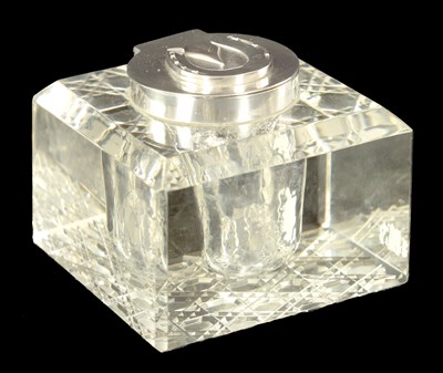Lot 289 - AN EDWARD VII SQUARE HOBNAIL-CUT GLASS SILVER MOUNTED INKWELL
