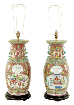 Lot 152 - A PAIR OF 19TH CENTURY CHINESE FAMILLE ROSE VASES CONVERTED TO LAMPS