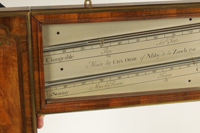 Lot 847 - CHARLES ORME, ASHBY-DE-LA-ZOUCH - DATED 1741. A FINE GEORGE II WALNUT AND BRASS BANDED ANGLE BAROMETER