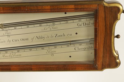 Lot 847 - CHARLES ORME, ASHBY-DE-LA-ZOUCH - DATED 1741. A FINE GEORGE II WALNUT AND BRASS BANDED ANGLE BAROMETER